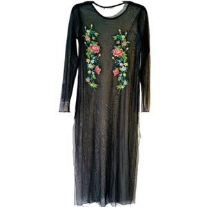 Zara sheer mesh black dress with embroidery down the front, long sleeves -large